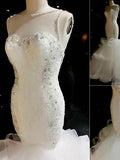 Slim Mermaid Tiered Tulle Bateau Crystal Beading Cathedral Wedding Dress