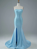Sweetheart Mermaid Sequin Blue Slit Prom Dress