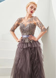 Half Sleeves A-line Lace Appliques Jewel Gray Evening Dress