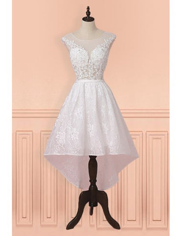 Cap Sleeves High Low White Lace Sheer Short Wedding Dress