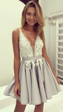 Sexy Gray v Neck Lace Applique Short Prom Homecoming Dress