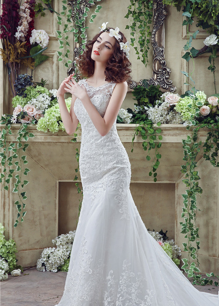 Elegant Tulle Bateau Neckline Mermaid Wedding Dresses With Beaded Lace ...