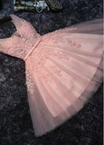 Tulle V-neck Pink Short A-line Homecoming Dress