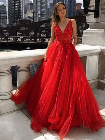 Appliques Red Lace Long A Line V Neck Prom Dress