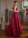 Strapless Beads Wine Red Pocktes A Line Satin Prom Dress