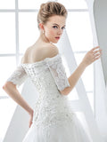 Short Sleeve Off-The-Shoulder Lace Tulle A-Line Wedding Dress