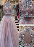 Champagne Two-piece Prom Dresses With Beadings
