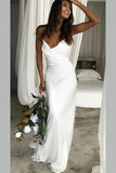 Straps White Simple Satin Cowl Neckline Wedding Dress
