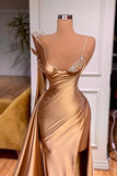 Satin Gold One Shoulder Mermaid Prom Dress With Slit