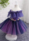 Popular Tulle Off-the-shoulder Neckline Ball Gown Flower Girl Dresses With Beadings & Handmade Flowers