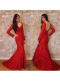  Lace Trumpet V-Neck Sweep Train Long Sleeves Evening Dress