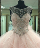 Pink Round Neck Tulle Beads Long Prom Sweet 16 Dress