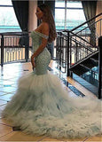 Fashion Beautiful Tulle & Organza Off -the-shoulder Neckline Mermaid Formal Dresses With Beaedings & Ruffles