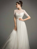 Tulle Short Sleeves A-Line Pearls Beading Wedding Dress
