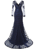 Navy Blue Lace and Tulle V-Neck Mermaid Evening Dress