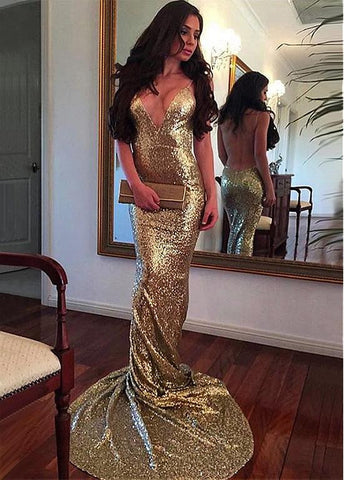 Spaghetti Straps Gold Evening Dresses