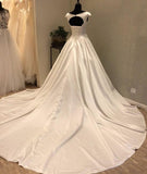 White Round Neck Satin Long Wedding Dress