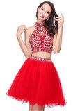 Chic Tulle High Collar Neckline A-Line Two-piece Homecoming Dresses With Beadings