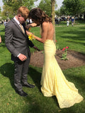 Sexy Mermaid Backless Beaded Lace Yellow Prom Dress