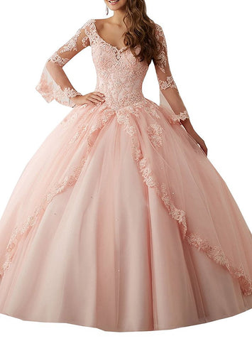 Long Sleeve Lace Quinceanera Dresses Train V-Neck Ball Gown