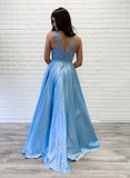 Sleeveless A-Line Blue Satin V-neck Lace Long Prom Dress