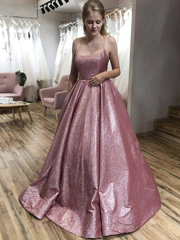 Unique Spaghetti Straps A Line Sequin Rose Gold Prom Dress