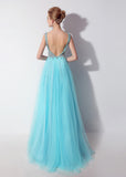 Blue Fantastic Tulle V-neck Neckline Exposed Back A-Line Prom Dresses