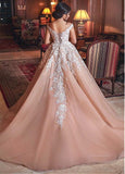 Champagne Tulle Off-the-shoulder Lace Appliques Ball Gown Wedding Dress