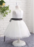 Charming Satin & Tulle Jewel Neckline Ball Gown Flower Girl Dresses With Lace Appliques & Belt