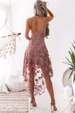 High Low Pink V Neck Tulle Lace Appliques Prom Dress