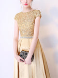 Cap Sleeves Appliques Crystal Sashes Evening Dress
