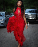 Appliques High Neck Red Mermaid Tulle Prom Dress With Crystal