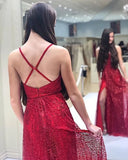 Deep V-neck A-Line Red Tulle Sequins Prom Dress With Side Split