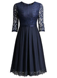 Women's Vintage Half Sleeve Floral Lace Cocktail Party Pleated Swing Dress