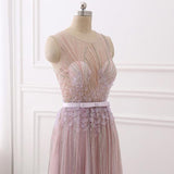 Spring Pink Beading Flower Tulle Scoop Prom Dress