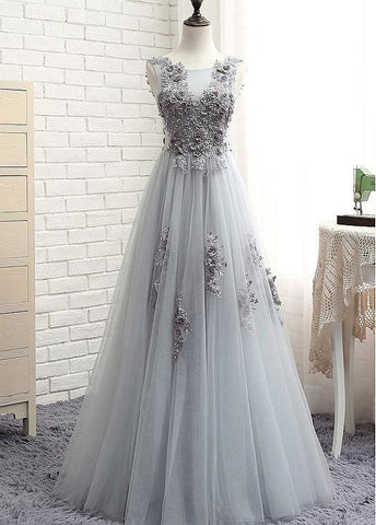 Tulle Jewel 3D Flower Appliques Floor-length A-line Prom Dress