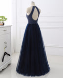 Sexy Halter Backless Evening Dresses With Beading Sequins Sleeveless Tulle A-Line Prom Dress Party Gowns