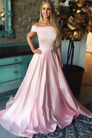 Long A line Off The Shoulder Simple Pink Satin Prom Dress