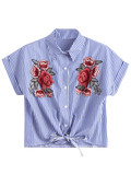 Lovely Floral Patched Striped Button Up Shirt