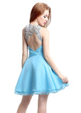 Wonderful Chiffon & Tulle Illusion Jewel Neckline Cut-out A-line Homecoming Dresses With Beadings & Pleats