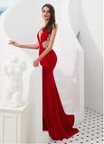 Satin & Tulle V-neck Red Beading Mermaid Evening Dress