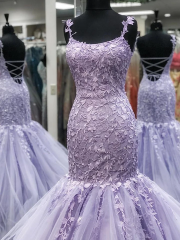 Appliques Mermaid Backless Lavender Straps Purple Lace Prom Dress