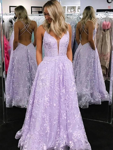 Sexy Lilac Lace Appliques V Neck Backless Prom Dress