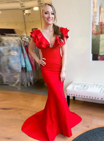 Red Mermaid Satin Long Deep V-neck Ruffles Prom Dress