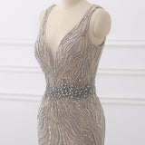Silver Crystal V Neck Evening Prom Dress
