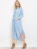Blue Striped Slit Maxi Dress With Pockets