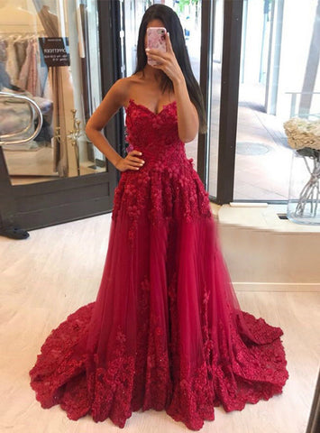 Long Burgundy Tulle Sweetheart Appliques Prom Dress