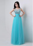 Blue Fabulous Tulle Scoop Neckline A-line Prom Dresses With Beadings