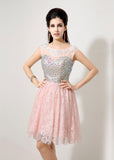 Elegent Tulle & Lace Bateau Neckline Short A-line Homecoming Dresses With Beadings