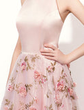 Pink Sleeveless Halter Flower Prom Dress